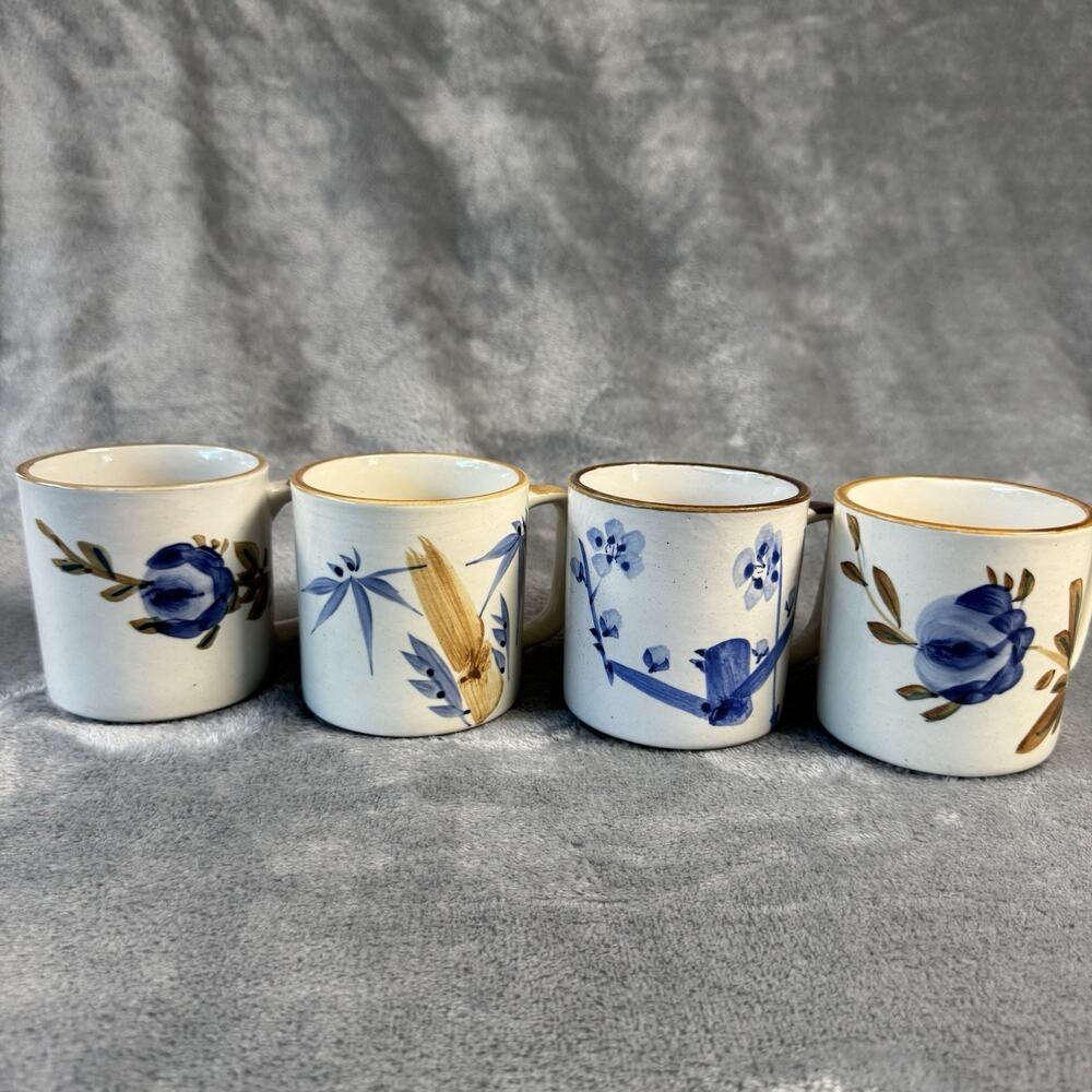 Vintage Handpainted Stoneware Ortigari Mugs - Set Of 4